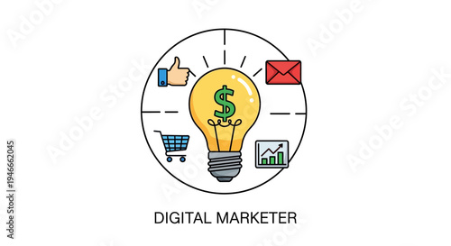Digital Marketer Concept: Lightbulb Idea with Business Icons