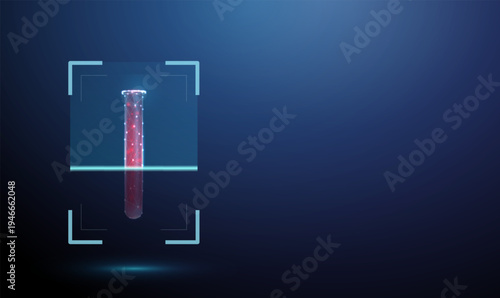3d blood vial inside digital scanning frame. Hematology analysis, blood testing, disease detection, infection screening, laboratory diagnostics, clinical examination concept.