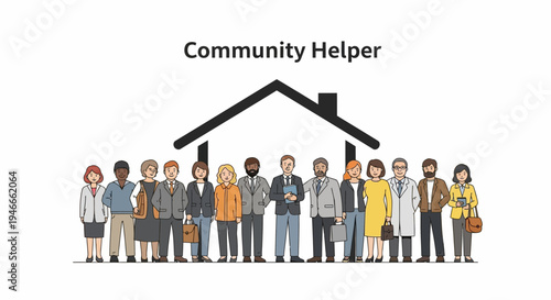 Diverse Community Helpers Under House Icon - Teamwork and Support Concept