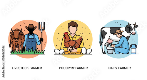 Diverse Farming Lifestyles: Livestock, Poultry, and Dairy Farmers Illustrated