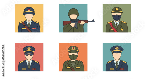 Diverse Military Uniform Icons Set: Soldiers, Officers, and Commanders
