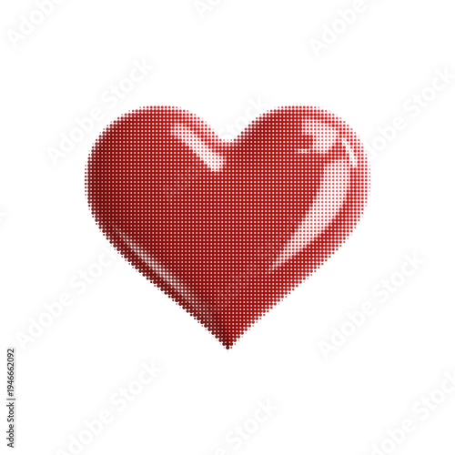 Glossy red heart made of halftone dots isolated on light background. Romantic love symbol for Valentine design, wedding card, relationship concept, modern pop art illustration.