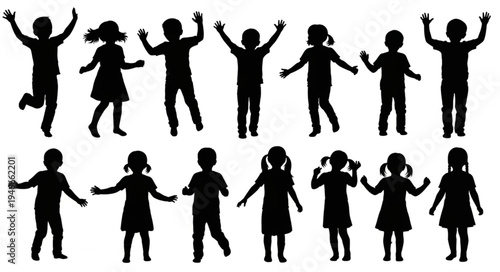 Children Silhouettes Dancing Together.