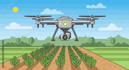 Drone surveying agricultural field with crops, technology in farming concept