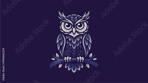 Detailed Illustration of a Majestic Owl Perched on a Branch.