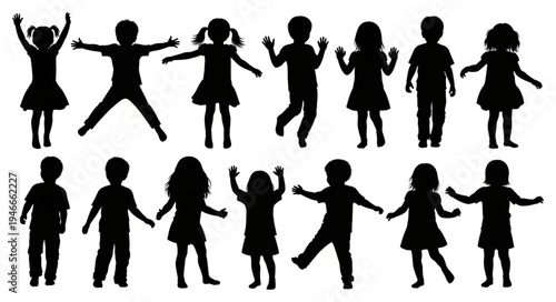 Children Silhouettes Dancing Together.