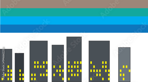 Abstract Urban Night Scene Glowing Windows in a Modern City Skyline Illustration with Horizon Layers