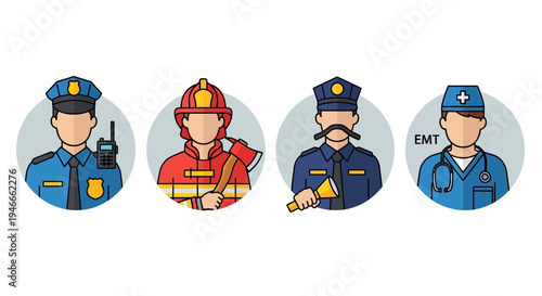 Emergency Services Icons: Police, Firefighter, Officer, EMT