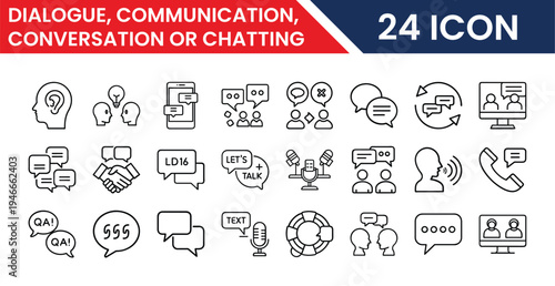 Conversation and chat icons pack in vector format for web and app UI design including dialogue, communication, messaging, talk, speech, and interaction symbols