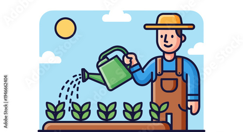 Farmer watering plants in garden illustration