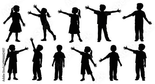 Children Silhouettes in Various Poses.