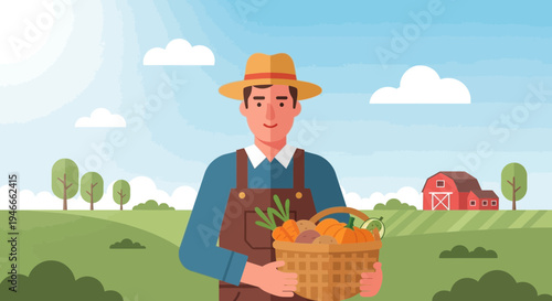 Farmer Holding Basket of Fresh Vegetables in Rural Landscape with Barn