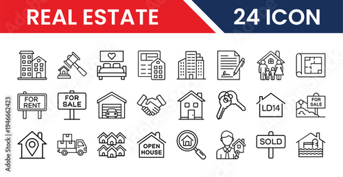 Property real estate icons pack in vector format for web and app UI design including house, building, home sale, rent, mortgage, and property symbols