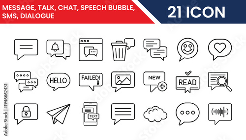 Speech bubble chat icons pack in vector format for web and app UI design including message, SMS, talk, dialogue, communication, and conversation symbols
