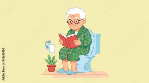 Elderly Man Reading Book on Toilet 1.