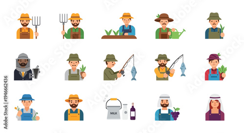 Farming and Agriculture Icons: Farmers, Fishermen, Beekeepers, Gardeners, Vineyard