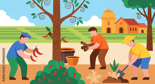Farmers Harvesting Chili Peppers and Ginger in Rural Village