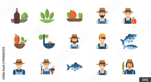 Farming and Fishing Icons: Farmers, Vegetables, Fruits, and Fish