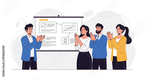 Business presentation success, team applauding speaker by whiteboard with charts