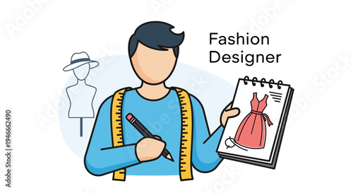 Fashion Designer Drawing Dress Sketch with Measuring Tape and Mannequin