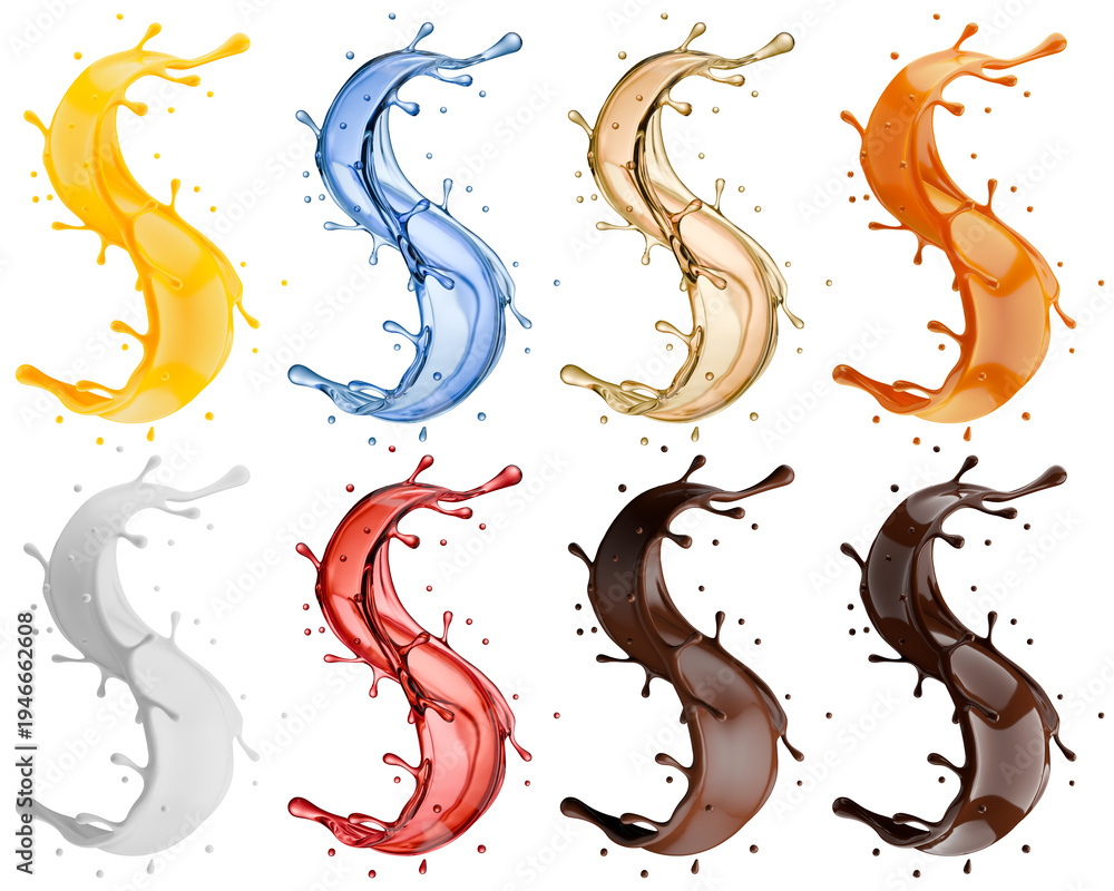 Obraz premium Set of splashes with liquids of different materials isolated on white background. 3d rendering
