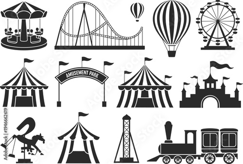 Amusement Park Silhouette Vector Set Featuring Roller Coaster Ferris Wheel Carousel Circus Tent Hot Air Balloon and Castle Isolated on White Background for Carnival Design