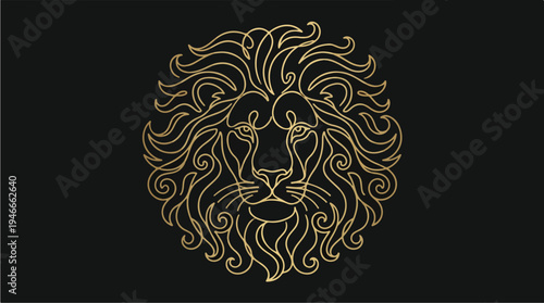 Elegant Golden Lion Head Emblem on Black Background.