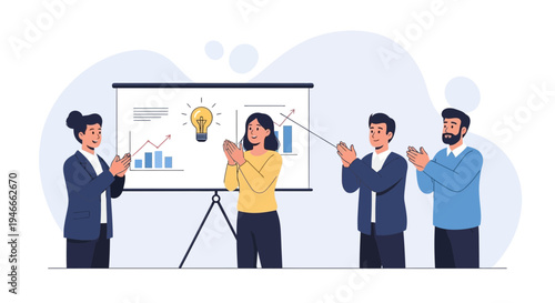 Business team applauding a successful presentation with charts and lightbulb idea