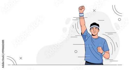 Man with raised fist and headband, celebrating victory, fitness, and success