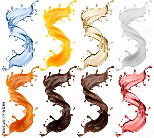 Set of splashes with liquids of different materials isolated on white background. 3d rendering
