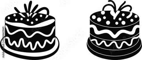 Black and white vector silhouette set of two birthday cakes with icing and decorative toppings isolated on a white background for bakery logos