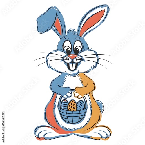 Cute cartoon Easter bunny holding a basket with decorated eggs. Playful spring holiday character illustration on light background.