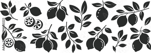 Black lemon fruit silhouettes collection featuring citrus branches with leaves and sliced fruit icons isolated on white background for kitchen decor or product packaging.