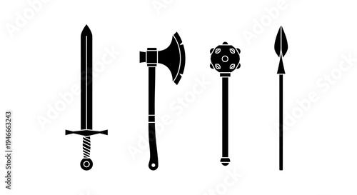 Simple silhouettes of medieval weaponry against a plain white background