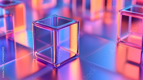 Wallpaper Mural Transparent glass cubes on a reflective surface with vibrant neon lighting in a futuristic scene Torontodigital.ca