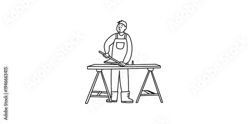 A hand-drawn illustration of a carpenter working at a wooden workbench with a saw. Vector, illustration