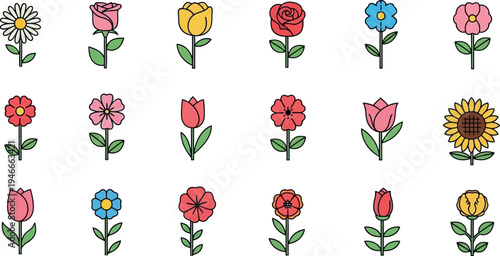 Colorful cartoon flowers on white background floral