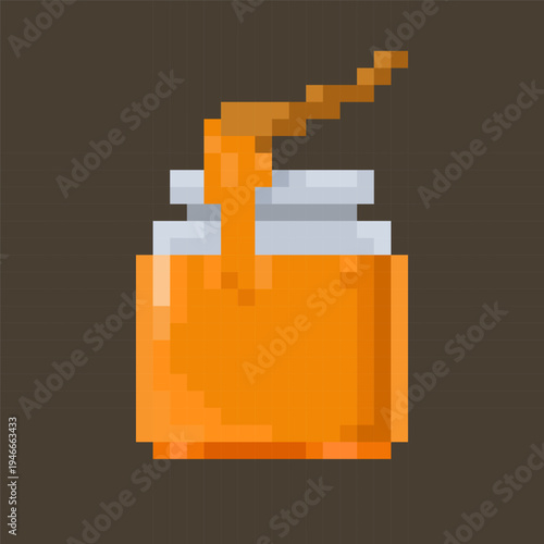 Pixel honey jar with wooden honey dipper 8 bit style. Sweet golden honey dripping in jar. Natural organic food icon symbolizing sweetness, beekeeping. Perfect for game assets; food icons