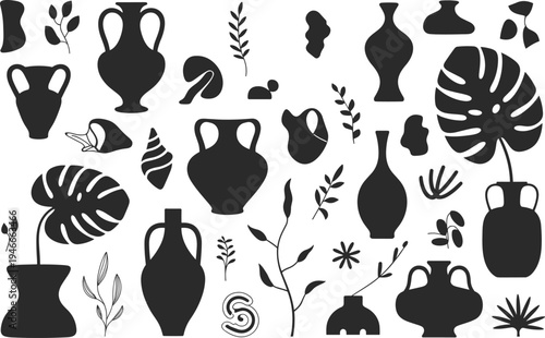 Black silhouette collection of antique Greek amphora vases, organic botanical monstera leaves, minimalist abstract shapes, and Mediterranean pottery elements for contemporary bohemian wall art design