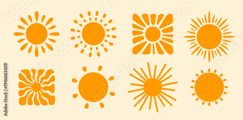 Sun Solar Weather Forecast Icon Set Summer Sunny Day Logo. Orange Minimal Flat Symbol Pictogram Logo Collection, Heat Daylight Renewable Energy UI App Interface Design Elements. Vector Illustration