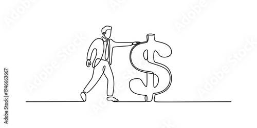 Continuous line drawing of a businessman pushing a large dollar sign symbol for financial growth Vector, illustration