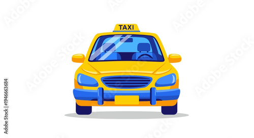 Flat illustration of a yellow taxi cab with a blue stripe on a white background.