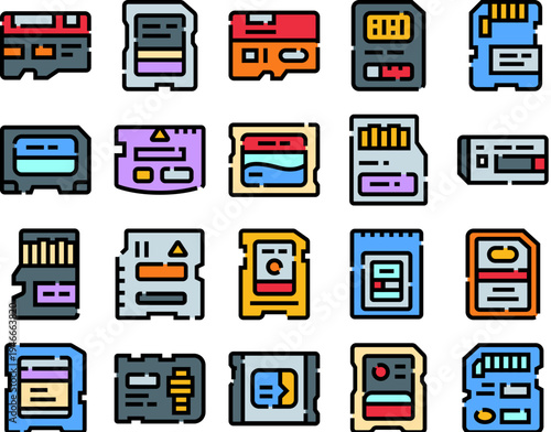 Collection of colorful flat line icons illustrating various types of digital memory cards, representing technology components for data storage and information backup solutions