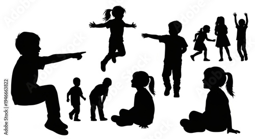 Children Silhouettes Playing Together.