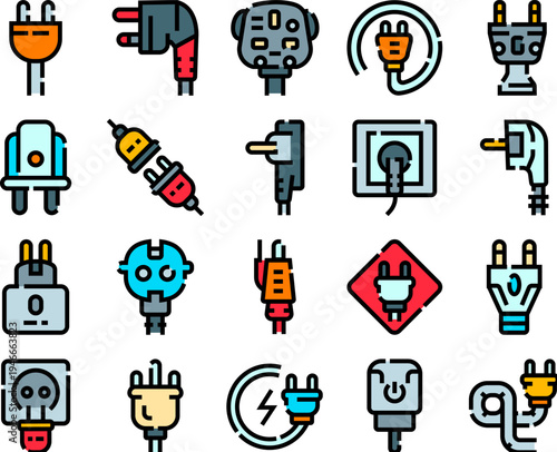 Collection of assorted electric plugs, sockets, cords and adapters illustrating power connections, voltage compatibility and cable interfaces for household, travel and industrial devices