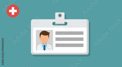Flat lay of a medical ID badge with a doctor on a teal background
