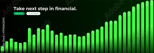 Fintech Financial Growth Analytics Dashboard Metrics KPI Performance Revenue Profit Trend Uptrend Chart Bars Market Momentum Network Strategy Insights Forecast. Green Vector Illustration.