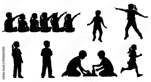 Children Silhouettes Playing Together.