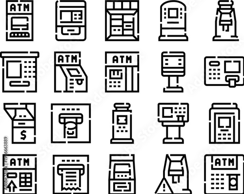 Atm glyph icons showing banking services cash withdrawals, deposits, transfers, payments and account management on a self service terminal, digital finance and secure access