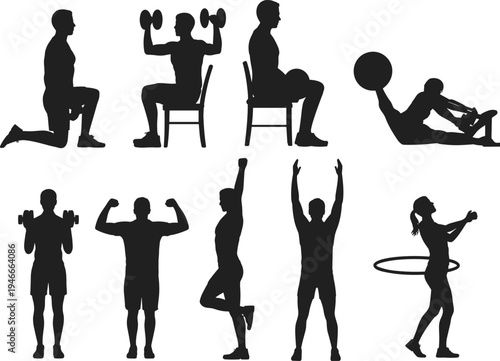 Fitness exercise silhouette set featuring men and women performing weightlifting dumbbell training hula hoop spinning and seated gym workouts isolated on white background for health.